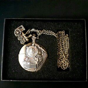 Vintage Style Locomotive Train Quartz Pocket Watch Men Gift Bronze w/Train Charm